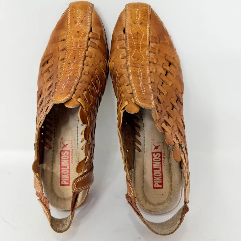 Pikolinos Woven Leather Slingback Wedge Shoes Tan Artisan Handcrafted EU 37